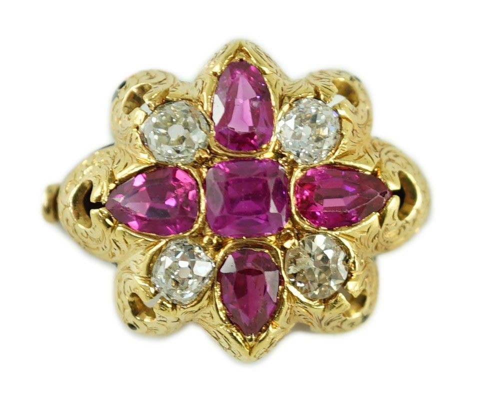 An early 20th century gold, four stone ruby and four stone diamond set brooch (adapted)